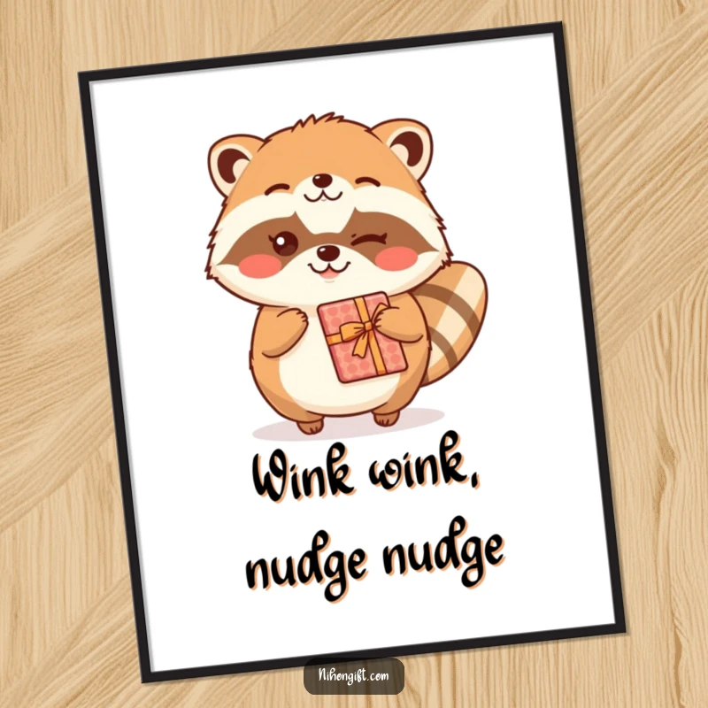 Funny Free Printable Wall Art: A kawaii tanuki winks charmingly while presenting a wrapped gift, adding whimsical, humorous decor.