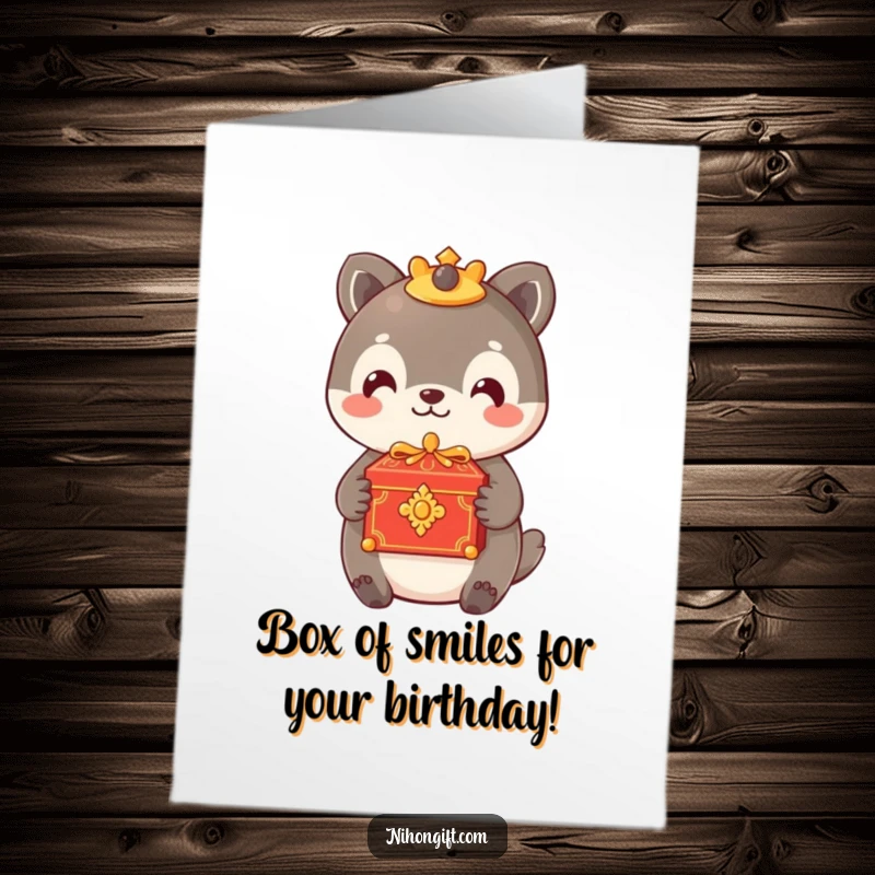 Funny Free Printable Birthday Card: Smiling animal offers an ornate box, holding a birthday surprise.