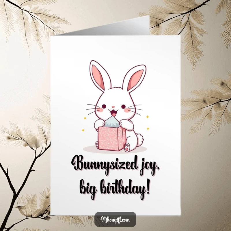 Funny Free Printable Birthday Card: Kawaii bunny tearing into a gift box with pure, unadulterated glee.