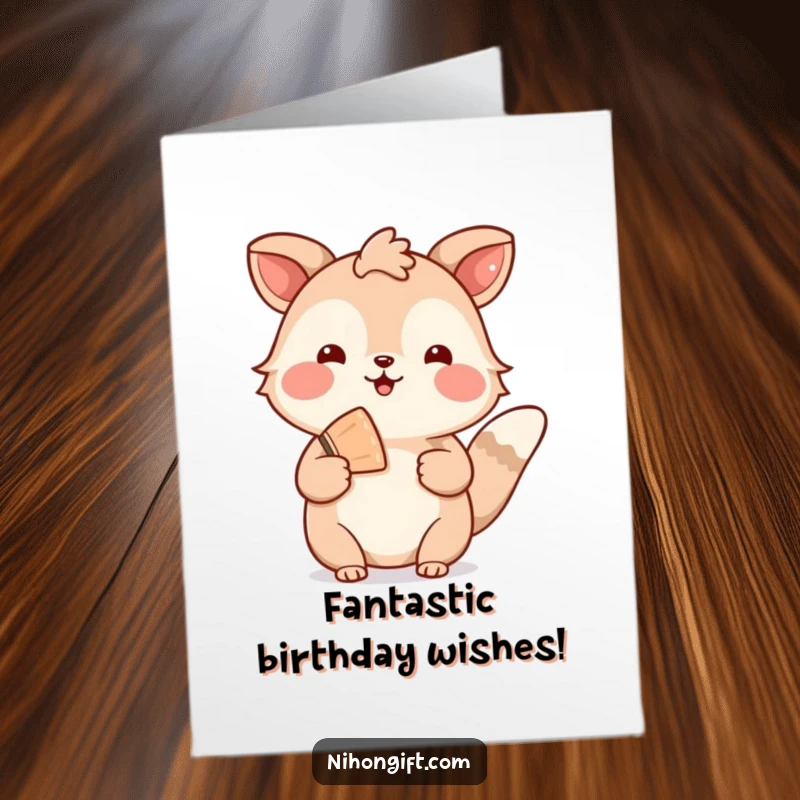 Funny free printable birthday card of an animal making a welcoming gesture with a small, decorative fan, perfect for warm wishes.