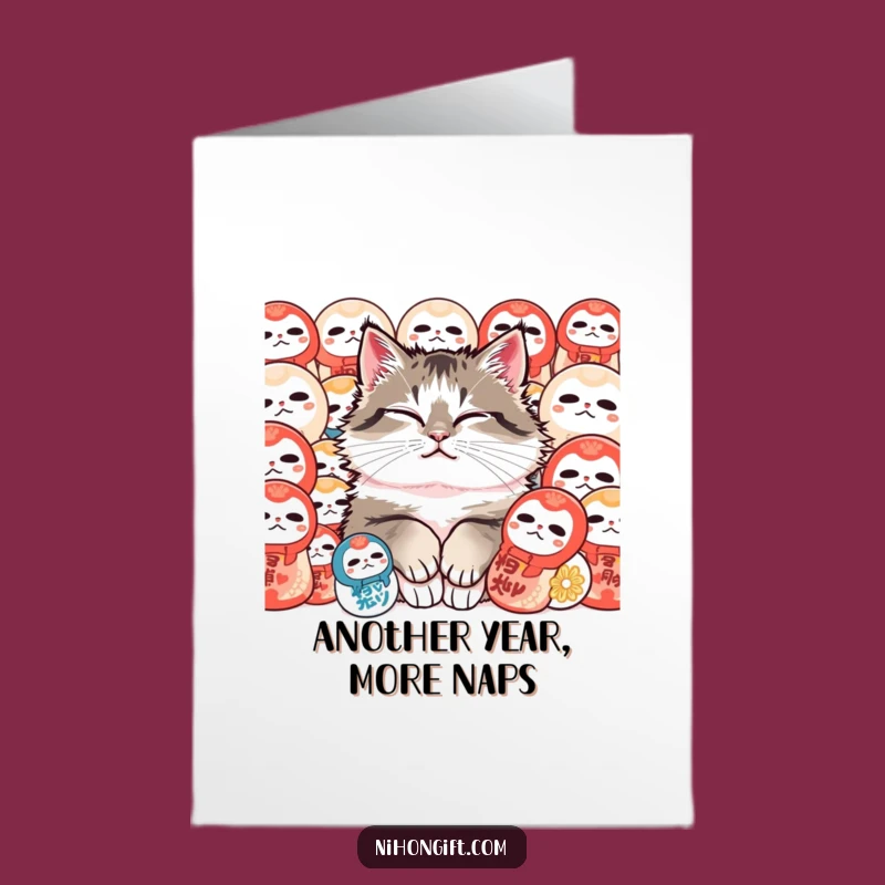 Free Printable Birthday Card: Content Cat, Daruma Dolls, Funny Gift