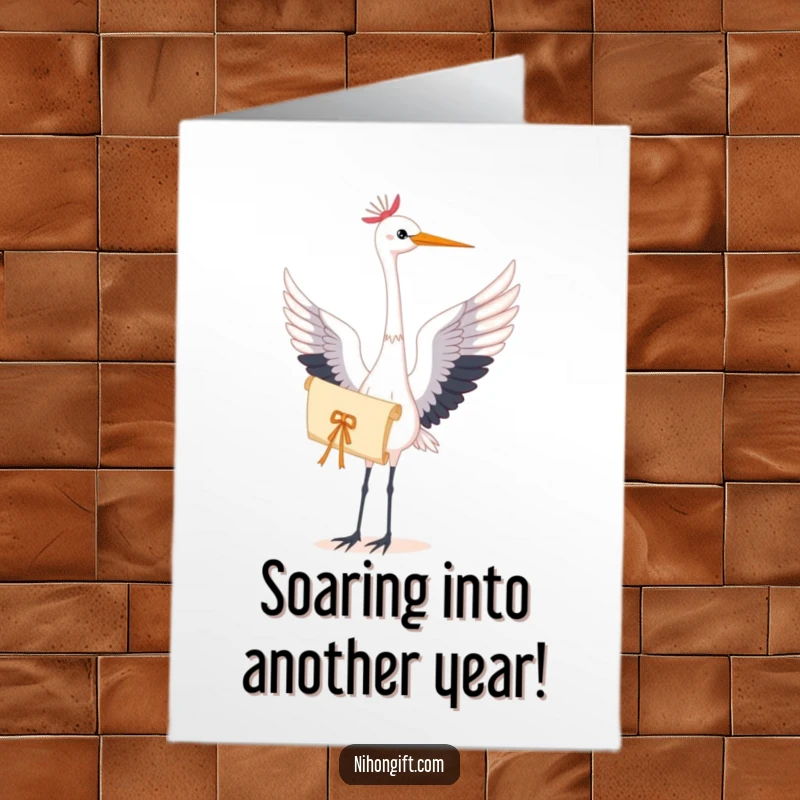 Free Printable Birthday Card: A graceful crane holds a delicate scroll tied with a silken cord, conveying elegant wishes.