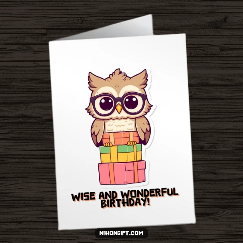 Free Printable Birthday Card: A wise owl in spectacles balances a tall stack of gift boxes, wishing a smart birthday.