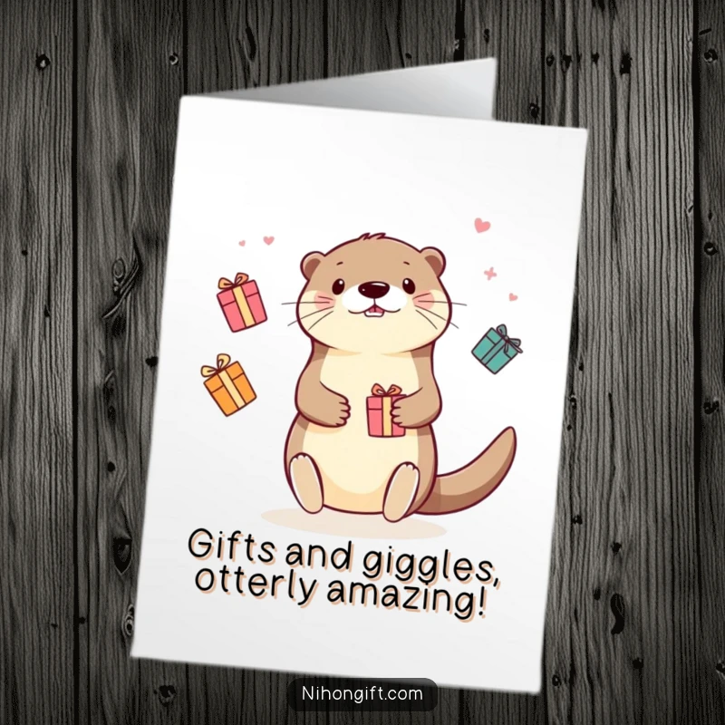 Funny Free Printable Birthday Card: Kawaii otter hilariously juggling colorful gift boxes with a big smile.