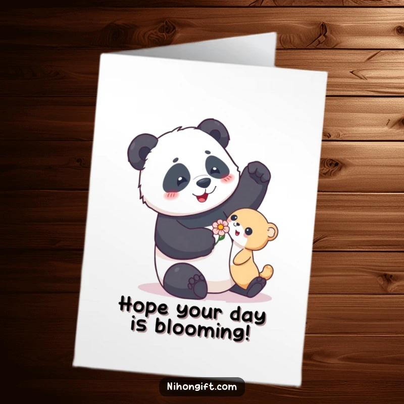 Funny Free Printable Panda Birthday Card: Playful panda enthusiastically gifts a flower to a small animal, celebrating birthdays.