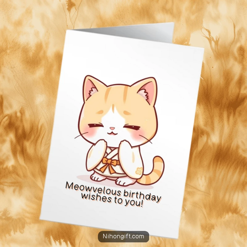 Funny Free Printable Birthday Card: Kawaii cat in a kimono bowing politely, perfect for a charming, humorous birthday greeting.