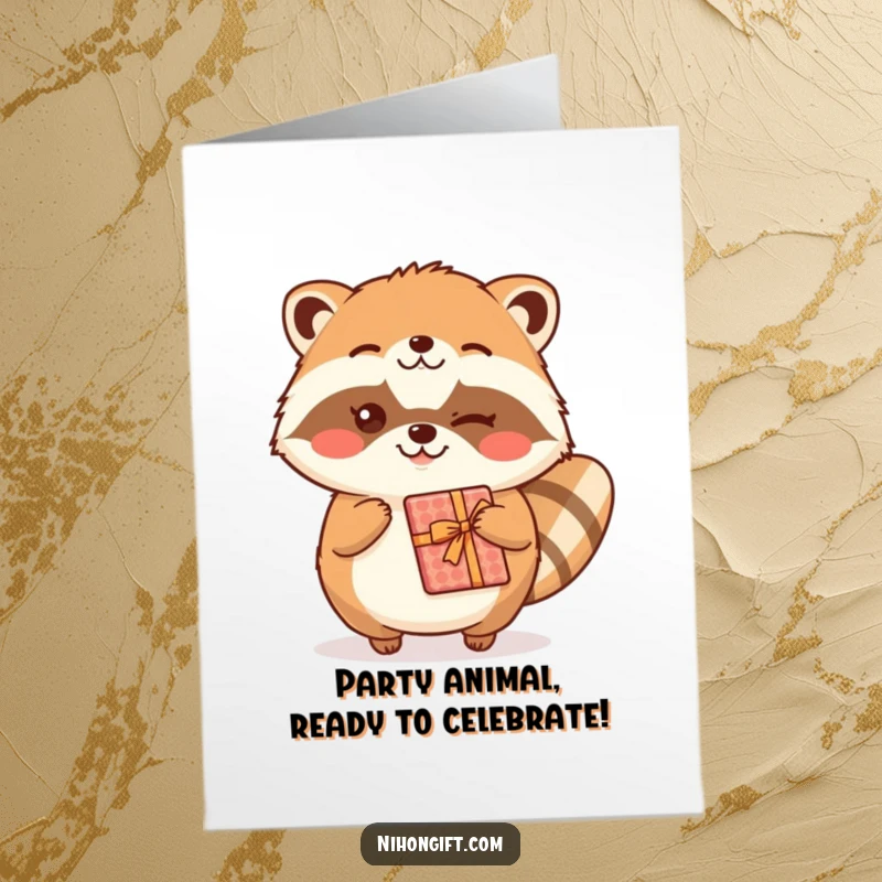 Funny Free Printable Birthday Card: Kawaii tanuki winking, offering a brightly wrapped gift, perfect for a humorous DIY greeting.