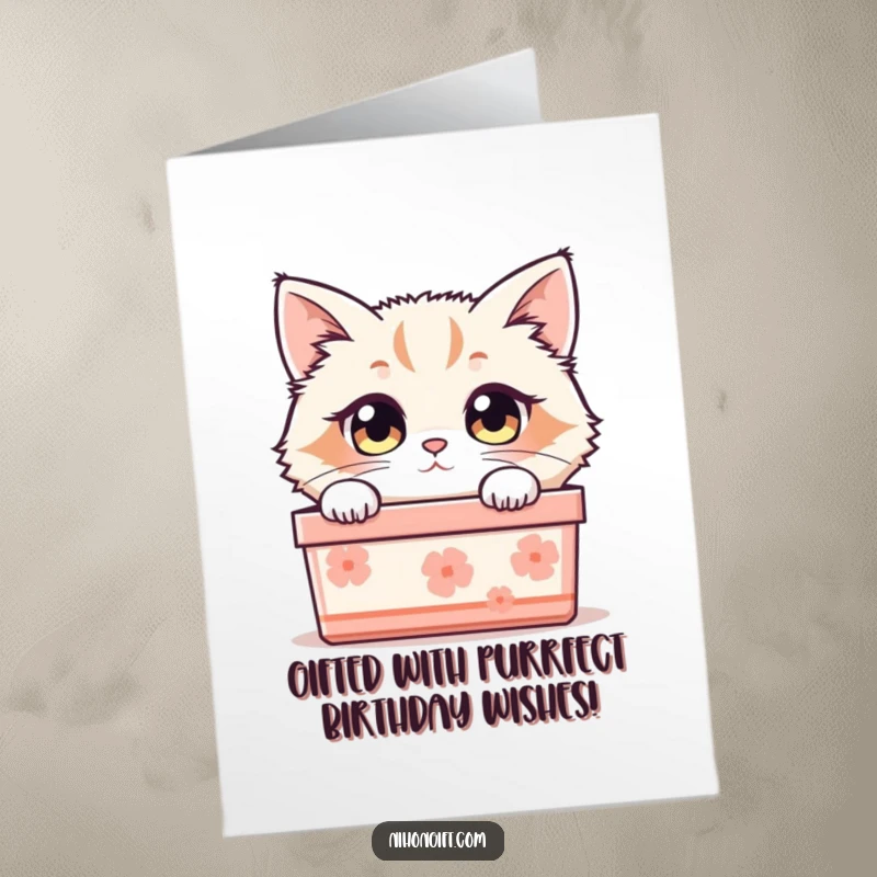 Funny Free Printable Cat Birthday Card: A fluffy cat with curious wide eyes peeks from a Japanese gift box, adding charm.