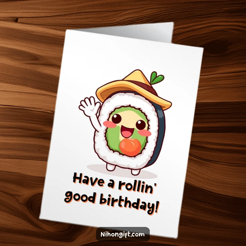 Free Printable Birthday Card: A charming sushi roll character with a tiny straw hat waves excitedly, wishing a happy birthday.