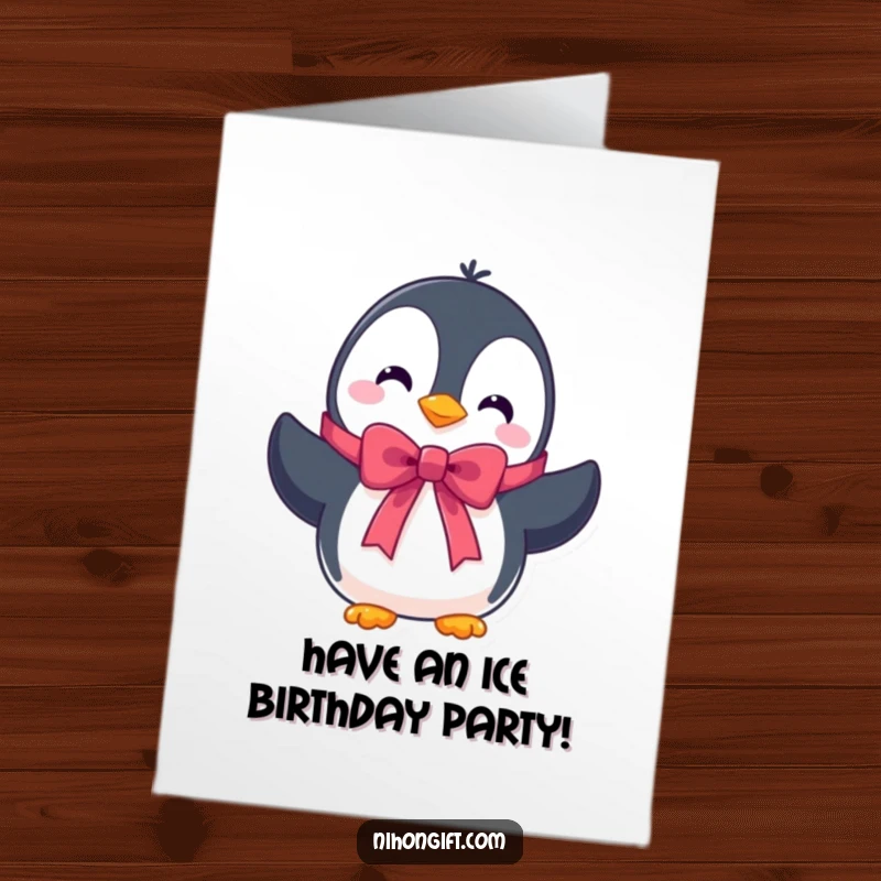 Free Printable Birthday Card: A cute penguin character proudly presents a beautifully tied ribbon, celebrating a birthday.