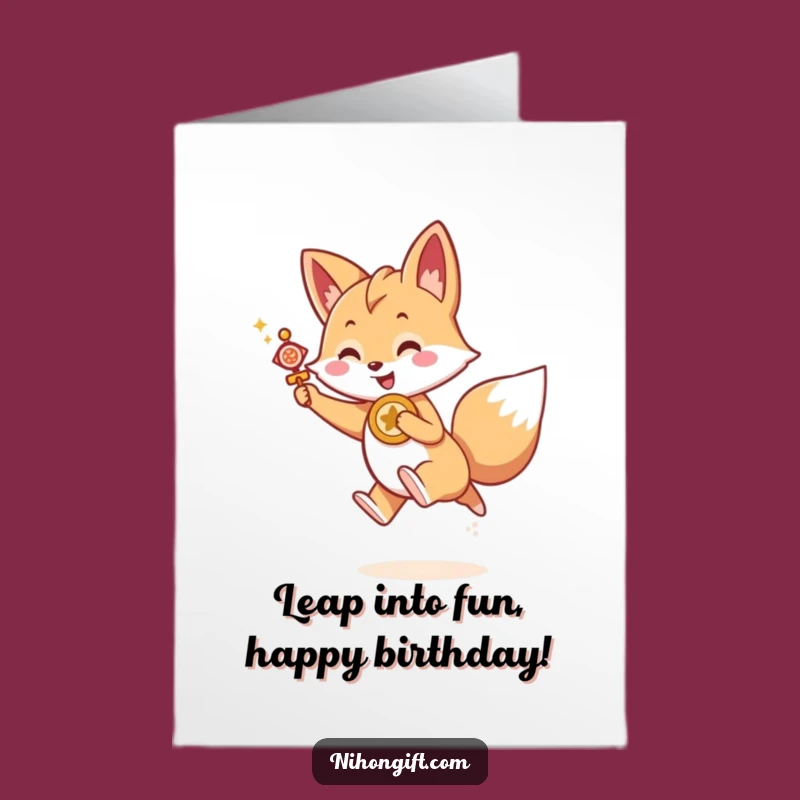 Free Printable Birthday Card: Joyful Kawaii Fox Leaping with Charm