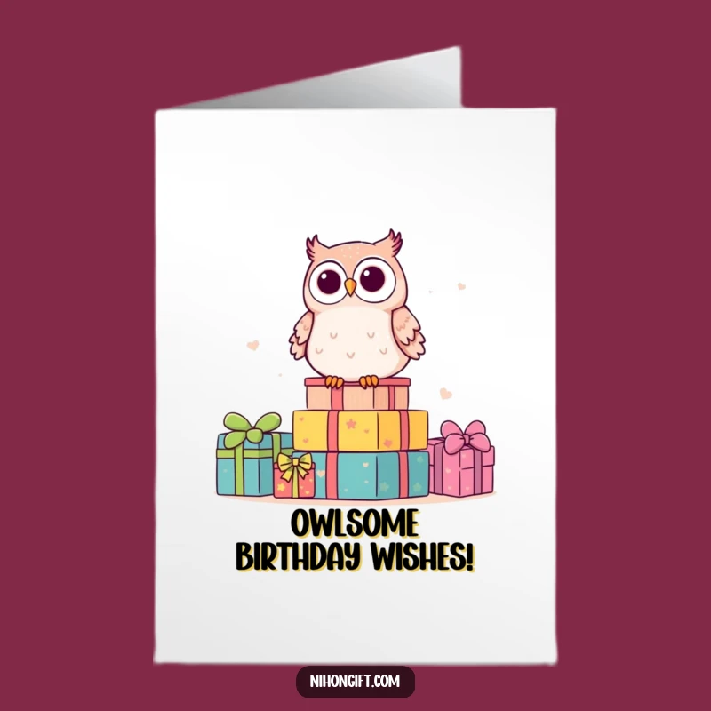 Free Printable Birthday Card: Kawaii Owl Gift Stack Funny Downloadable Greeting