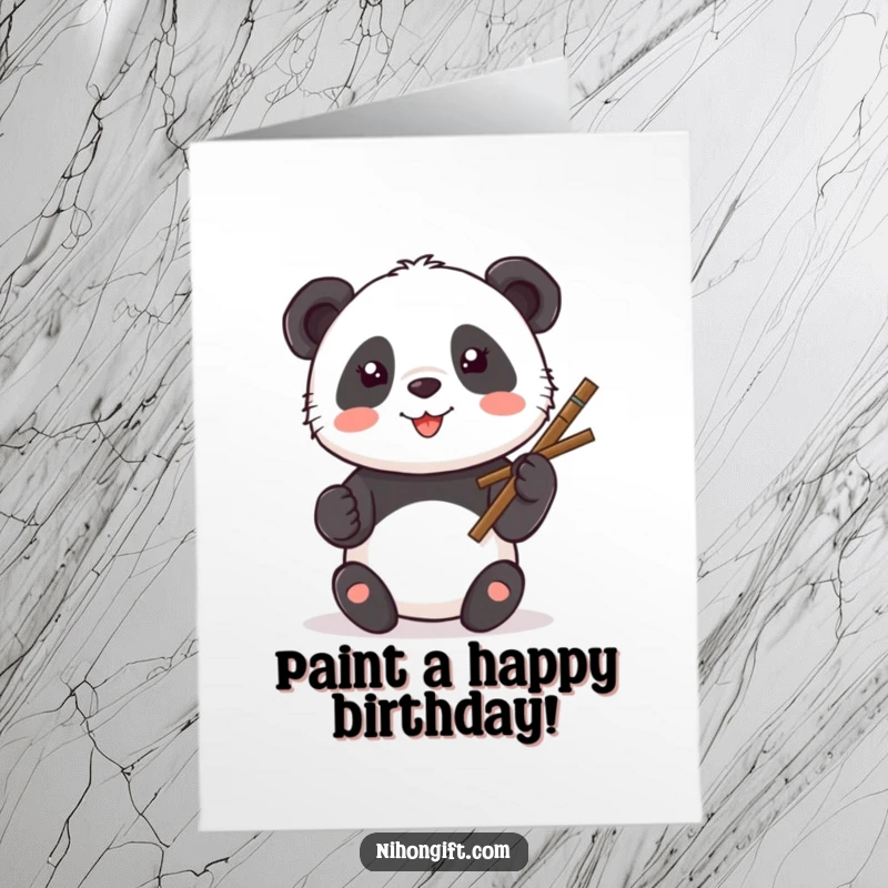 Funny Free Printable Birthday Card: A kawaii panda artistically painting a big, happy smiley face with a calligraphy brush.