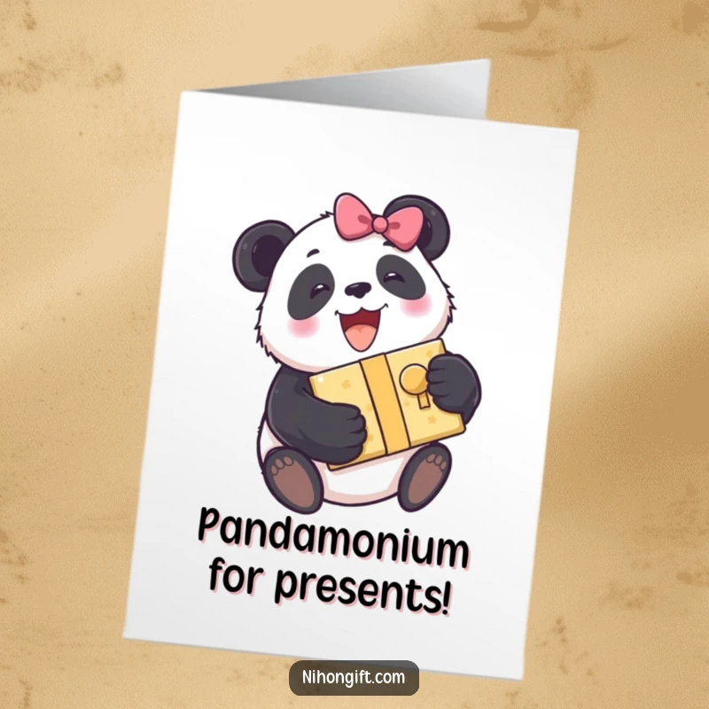 Funny Free Printable Birthday Card: Excited panda tightly embraces a beautifully wrapped gift with joy.