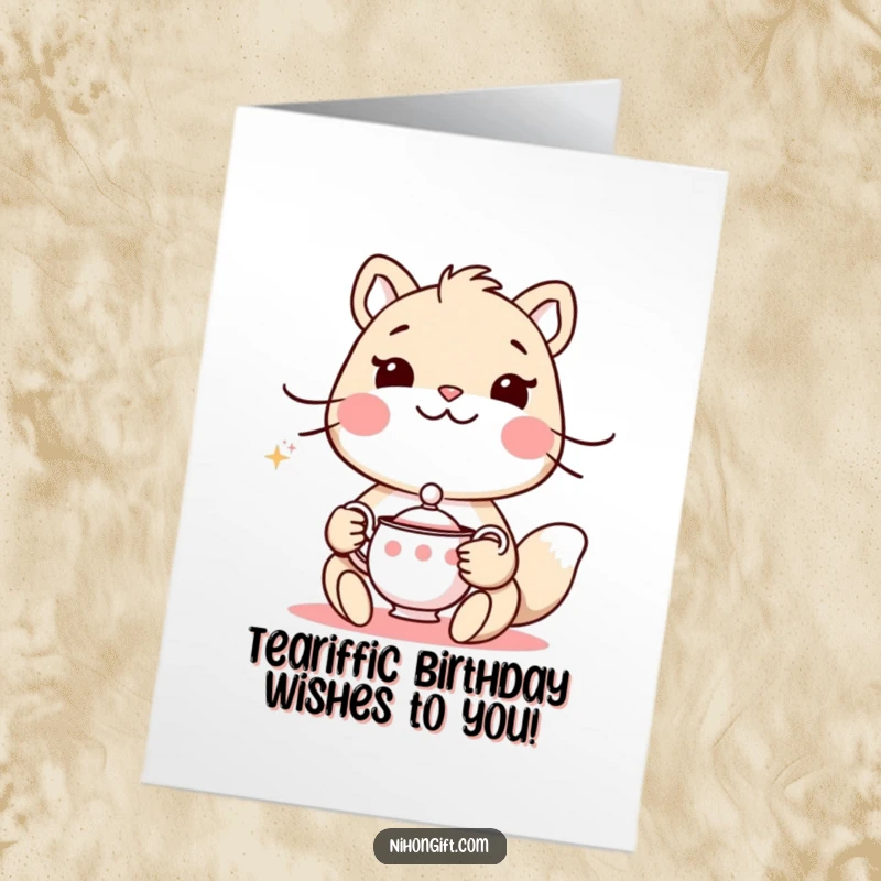 Funny Free Printable Birthday Card: Polite animal serves tea with a delicate set, wishing a happy, cheerful birthday.