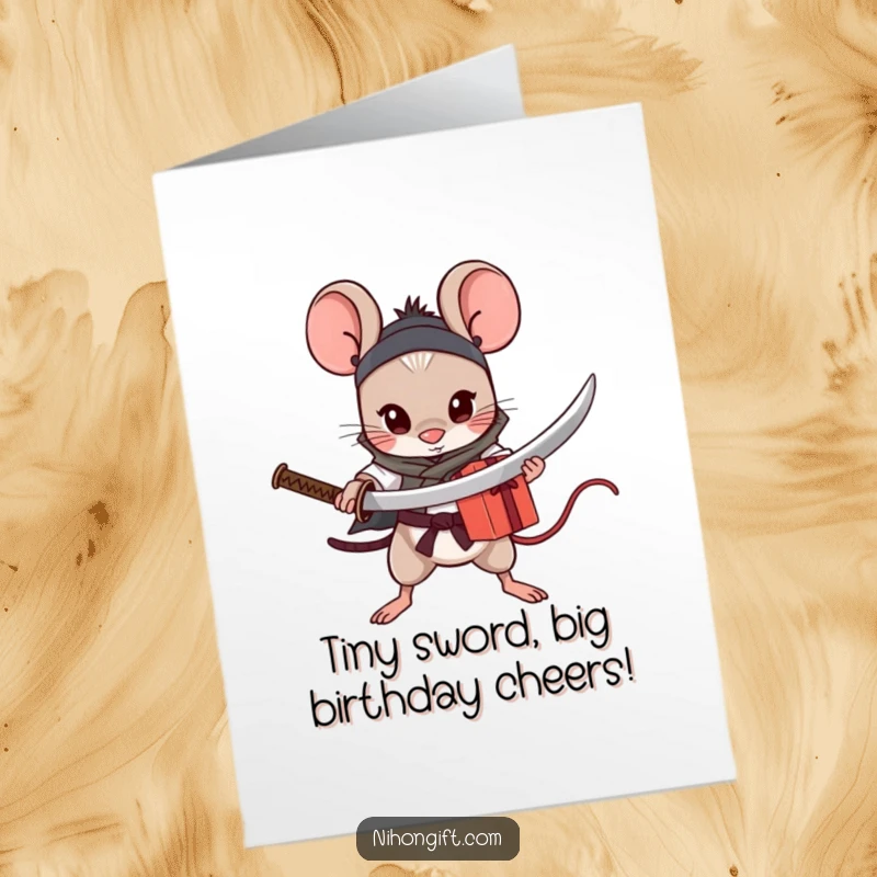 Funny Free Printable Birthday Card: Brave mouse with a tiny katana guarding a brightly wrapped birthday gift.