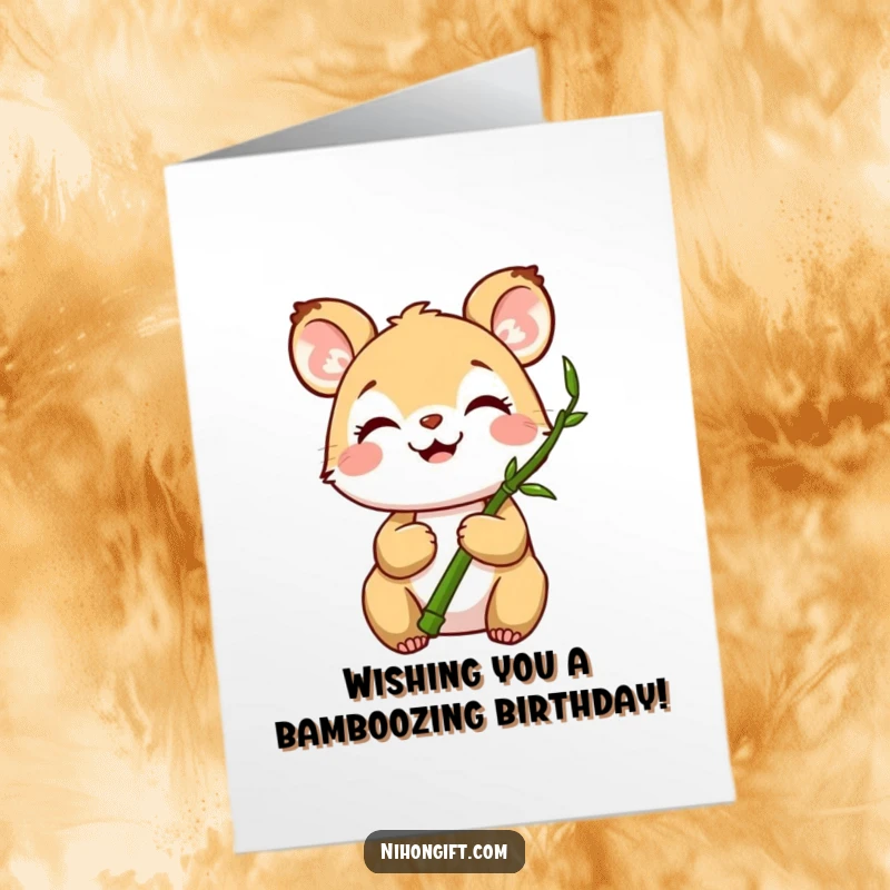 Funny free printable birthday card of a joyful animal holding a miniature bamboo stalk, sending peaceful and happy birthday wishes.