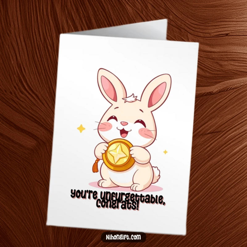 Funny Free Printable Bunny Congratulations Card: Happy bunny presenting a shiny, auspicious trinket, wishing good luck and success.