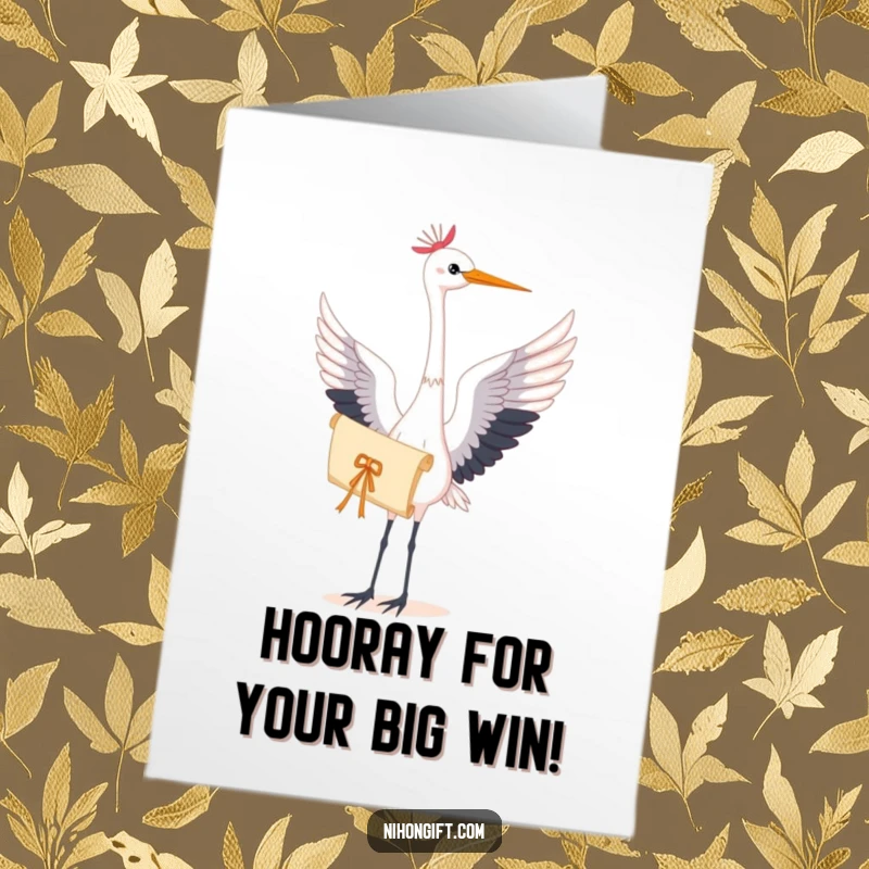 Free Printable Congratulations Card: A graceful crane delicately holds a scroll, symbolizing achievement and elegant good fortune.