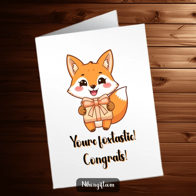 Funny Free Printable Congrats Card: A grinning fox happily presenting a wrapped gift, perfect for congratulations.