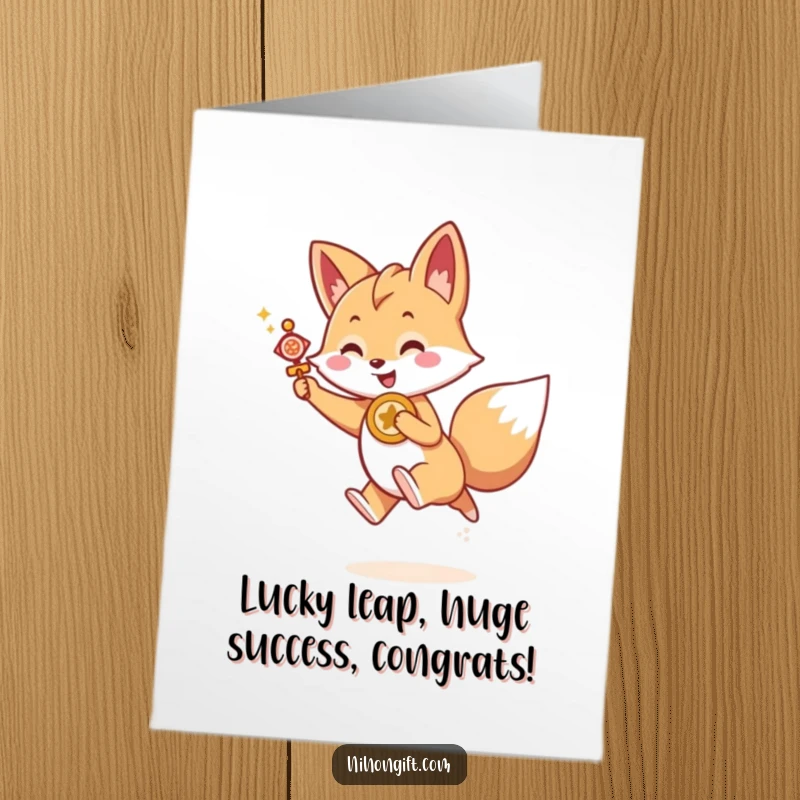 Funny Free Printable Congrats Card: Kawaii fox holding a lucky charm, joyfully leaping forward to celebrate success.