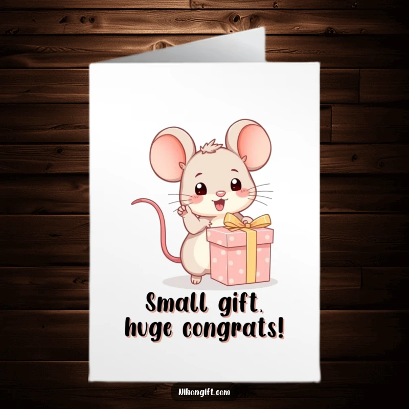 Funny Free Printable Congratulations Card: A kawaii mouse enthusiastically pointing at a wrapped gift, celebrating a great achievement.