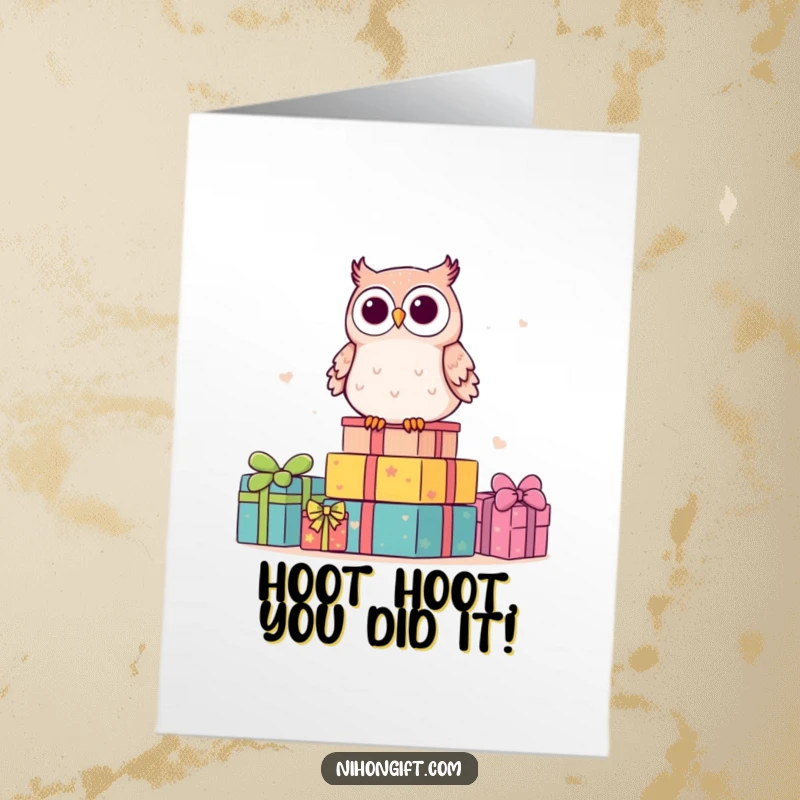 Funny Free Printable Congrats Card: Cute kawaii owl sitting atop a mountain of wrapped gifts, celebrating success.