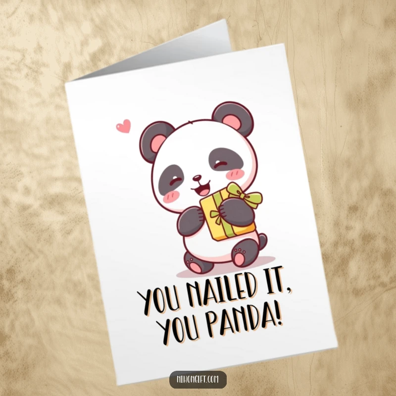 Funny Free Printable Congratulations Card: A kawaii panda gleefully holding a ribbon-tied gift, celebrating a wonderful success.