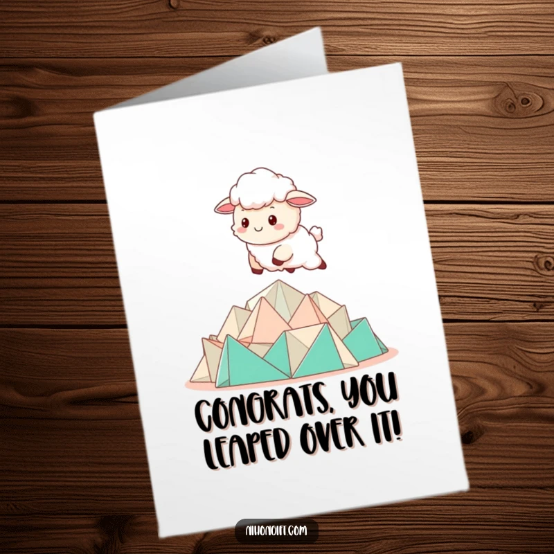 Cute Free Printable Congrats Card: A kawaii sheep energetically bounding over a pile of folded origami in celebration.