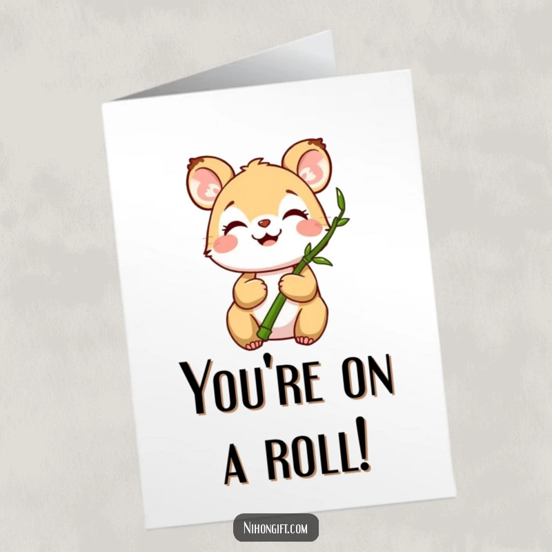 Funny free printable congratulations card of a joyful animal holding a miniature bamboo stalk, celebrating achievements with peaceful vibes.