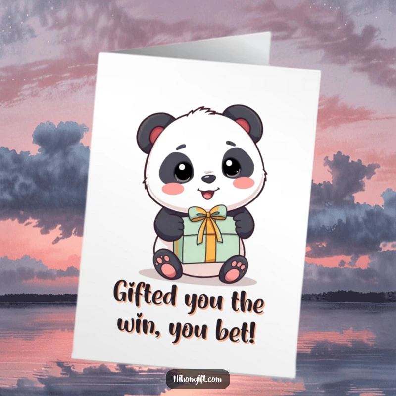 Funny free printable congratulations card featuring a kawaii panda happily presenting a small, beautifully wrapped gift box.