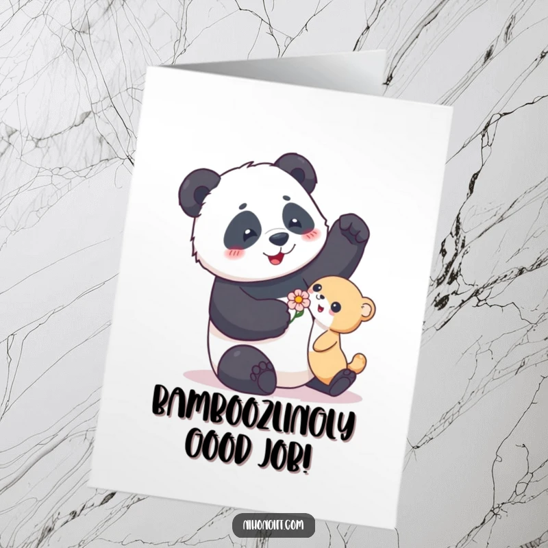 Funny Free Printable Panda Congratulations Card: Playful panda enthusiastically gifts a delicate flower to a small animal, celebrating success.