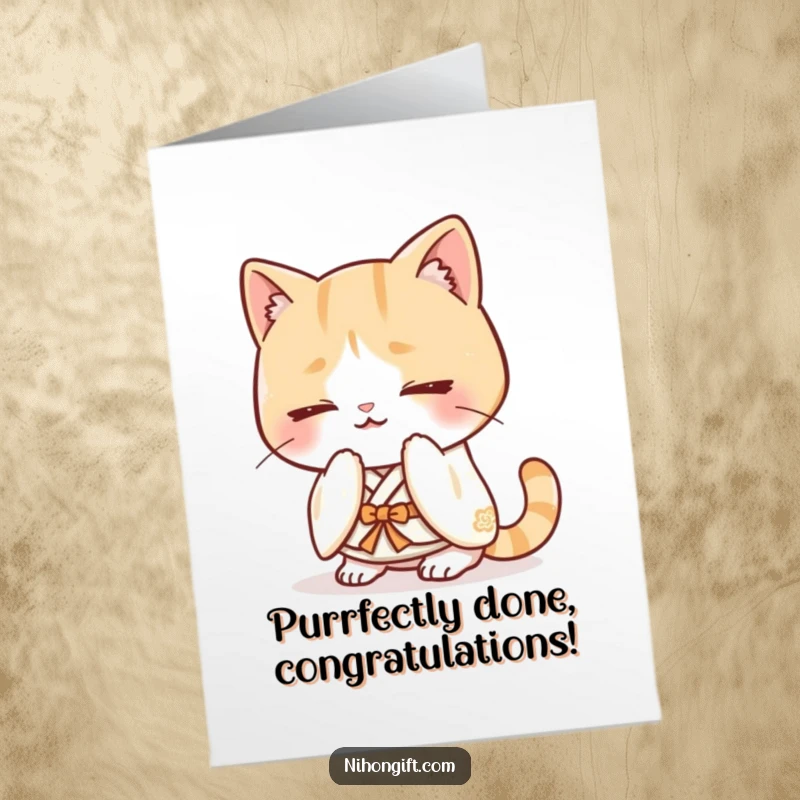 Funny Free Printable Congratulations Card: A kawaii cat wearing a small kimono, bowing happily, perfect for a stylish, humorous congratulation.