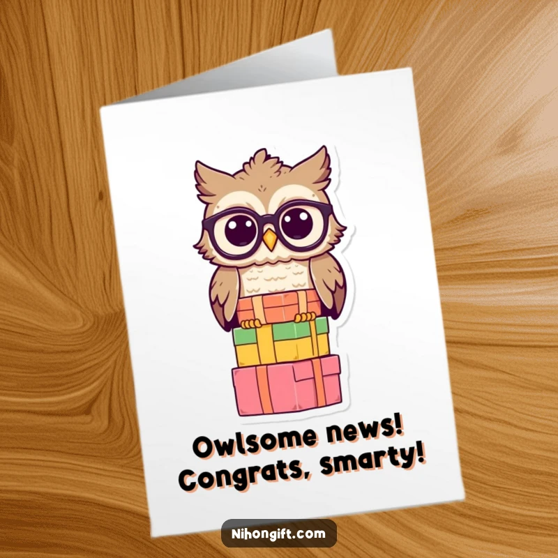Free Printable Congratulations Card: A wise owl with spectacles balances gift boxes, signifying a well-earned and celebrated success.