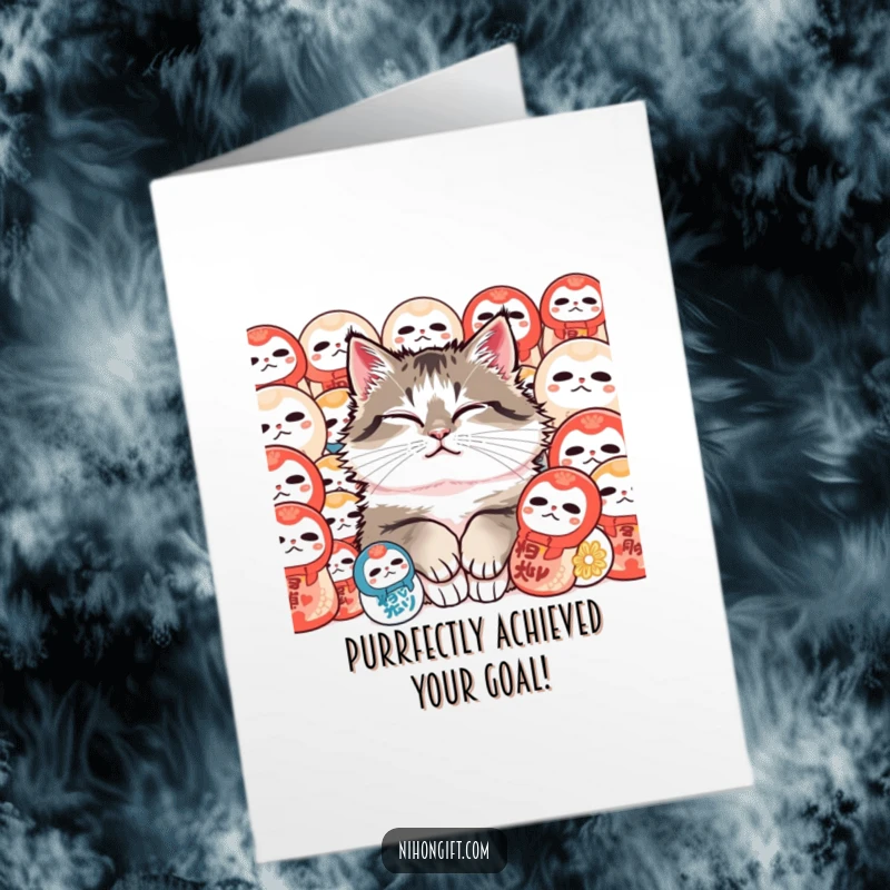 Funny Free Printable Congrats Card: Content fluffy cat purrs amidst colorful Daruma dolls, symbolizing peace and wonderful new beginnings.