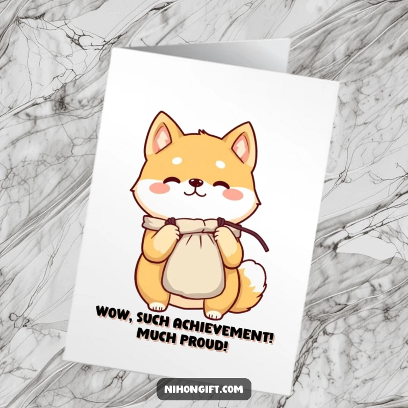 Funny Free Printable Congratulations Card: A proud Shiba Inu character confidently presents a delicate silk pouch, signifying achievement.
