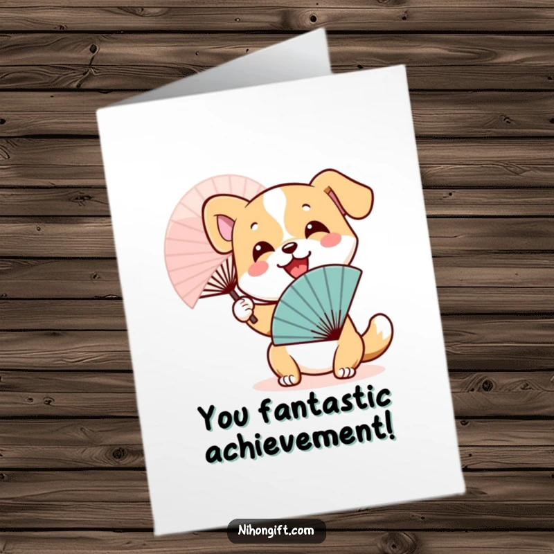 Funny Free Printable Congratulations Card: A dog character energetically waves a Japanese fan, celebrating a joyous occasion.