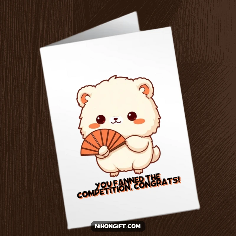 Funny Free Printable Congratulations Card: Small fluffy animal bows elegantly while offering a Japanese fan.