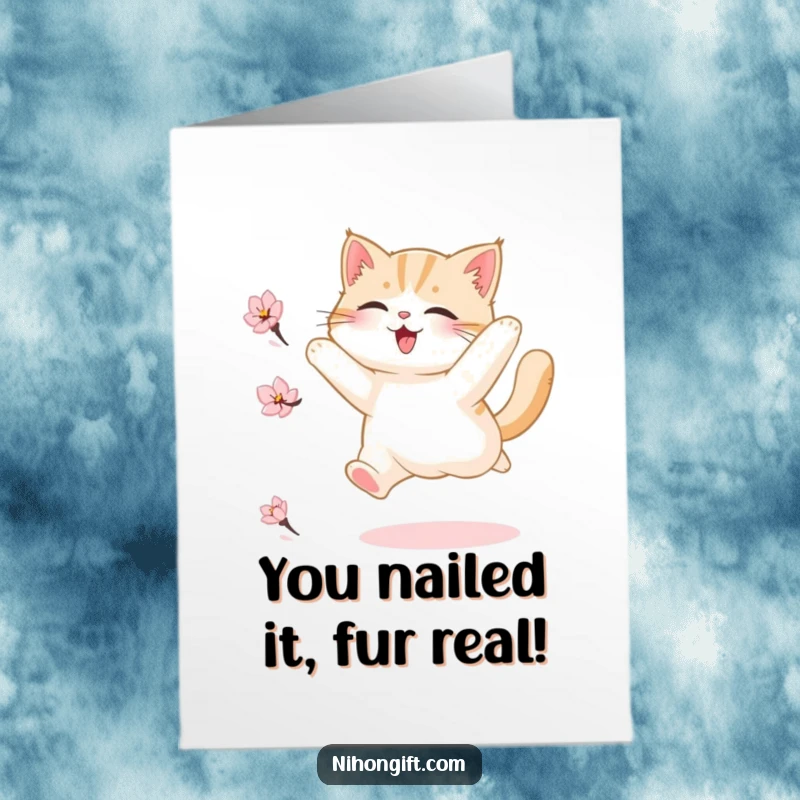 Funny Free Printable Congrats Card: Fluffy cat captured mid-leap, chasing a blossom petal, symbolizing exciting achievements and joyful moments.