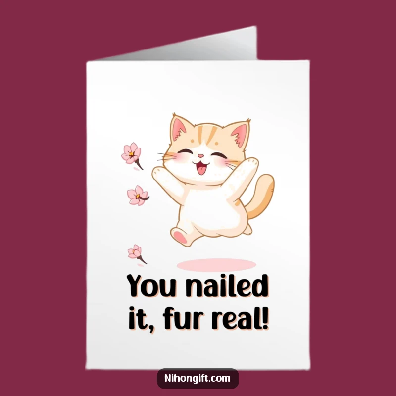 Free Printable Congrats Card: Funny Cat's Joyful Leap, Downloadable