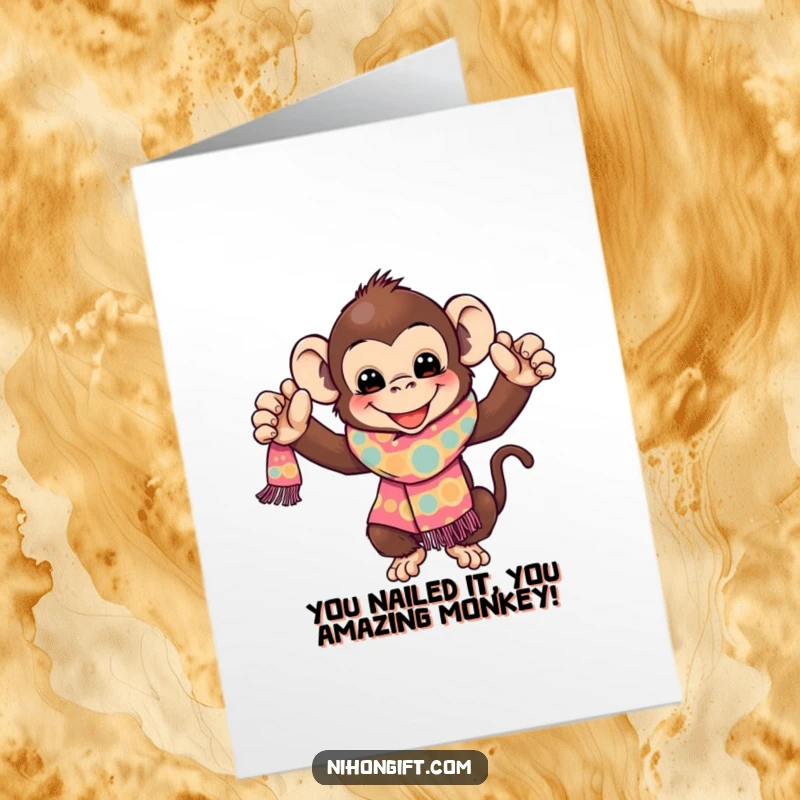 Funny Free Printable Monkey Congratulations Card: Joyful monkey shows off a vibrant scarf, celebrating an awesome achievement. Downloadable art.
