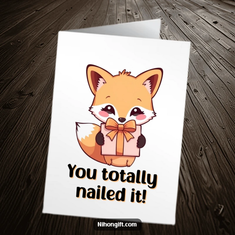 Funny Free Printable Fox Congratulations Card: Cute fox proudly presents a wrapped gift, celebrating achievements with humor.