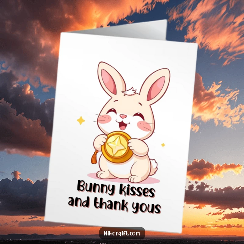 Funny Free Printable Bunny Thank You Card: Happy bunny presenting a shiny, auspicious trinket with a smile, conveying thanks.