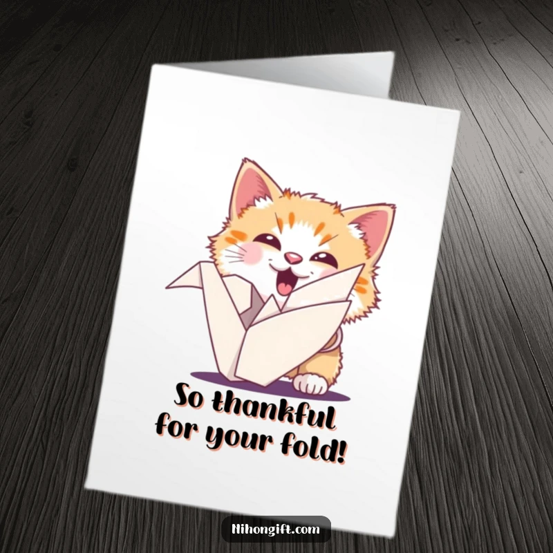 Funny Free Printable Cat Thank You Card: An ecstatic cat peeks from behind an origami crane, offering thanks with pure feline joy.