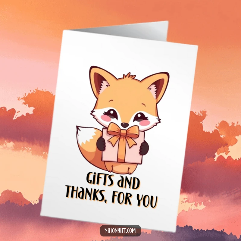 Funny Free Printable Fox Thank You Card: Cute fox offers a wrapped gift box, conveying sincere thanks with a smile.