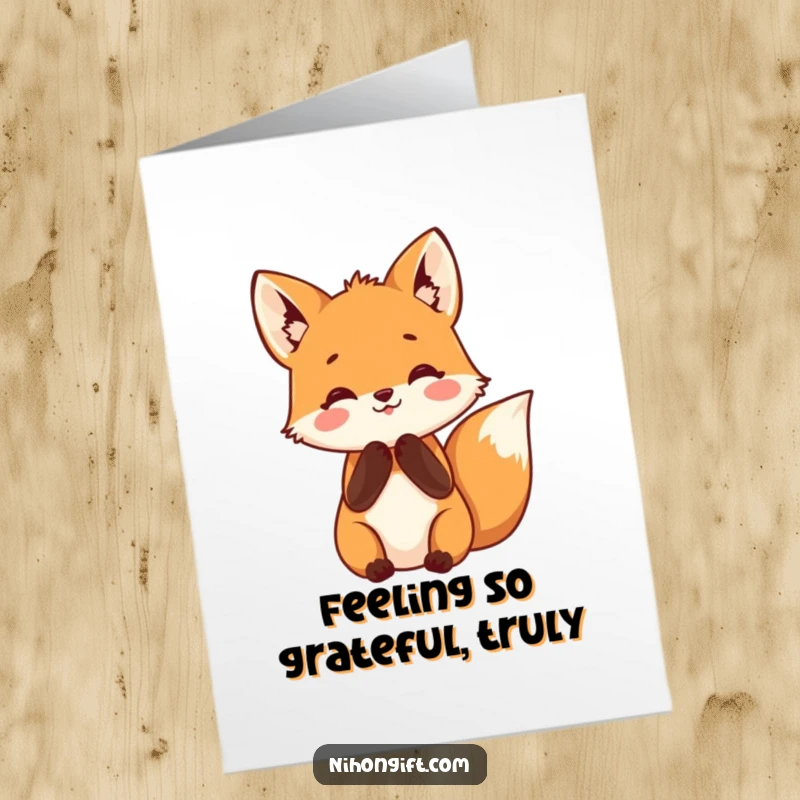 Funny Free Printable Thank You Card: Fox with paws clasped in happy anticipation, a gesture of thanks.