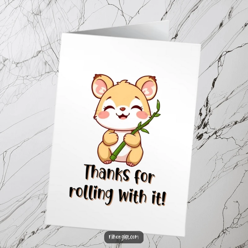 Funny free printable thank you card featuring a joyful animal holding a miniature bamboo stalk, a serene way to express gratitude.