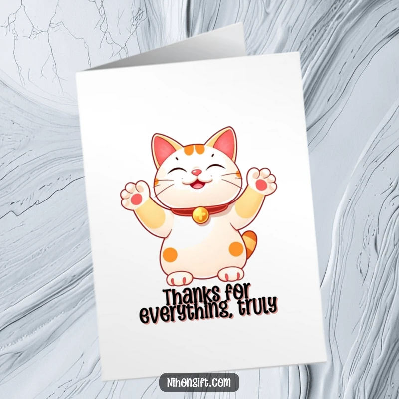 Funny Free Printable Thank You Card: A lucky cat with several paws waving excitedly to express sincere gratitude.