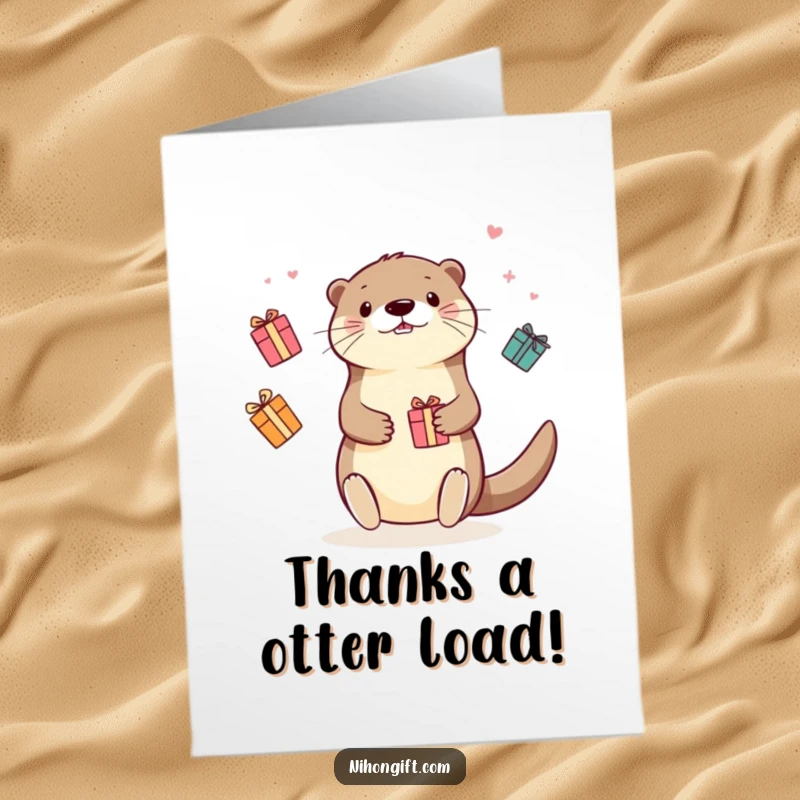 Funny Free Printable Thank You Card: Adorable kawaii otter juggling small, colorful gift boxes.