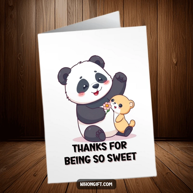 Funny Free Printable Panda Thank You Card: Playful panda enthusiastically gifts a flower to a small animal, showing thanks.